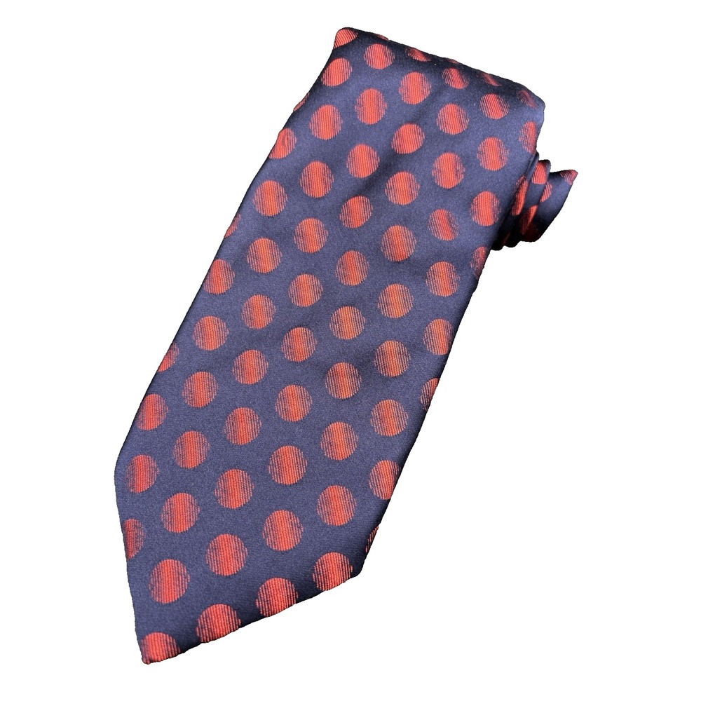 Thomas PINK Tie Men's 100% Silk Woven In England Orange Polka Dots Navy Blue EUC